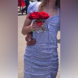 A Love Like You Blue Ruched Dress, side zipper, can be worn off the shoulder.